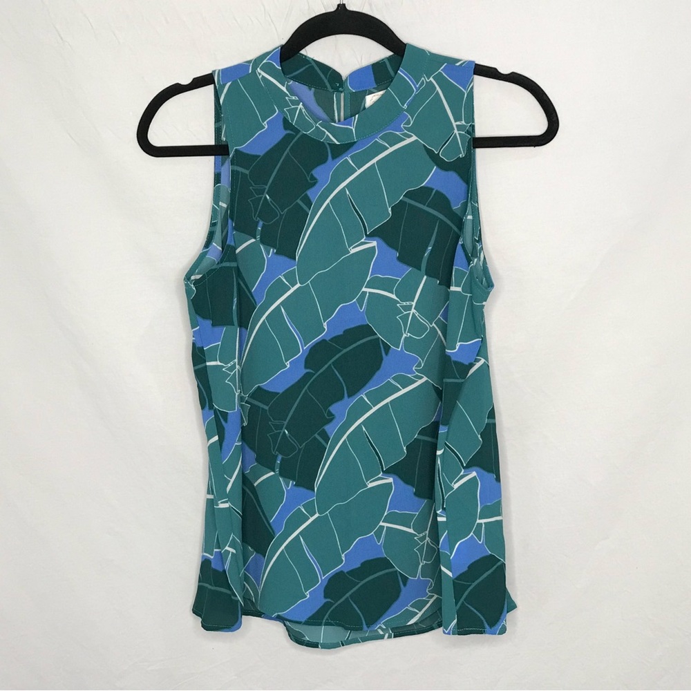 Mudpie Women's Sleeveless Blouse Leaf Print Flowy Green Blue Sz Small Tank EUC‎